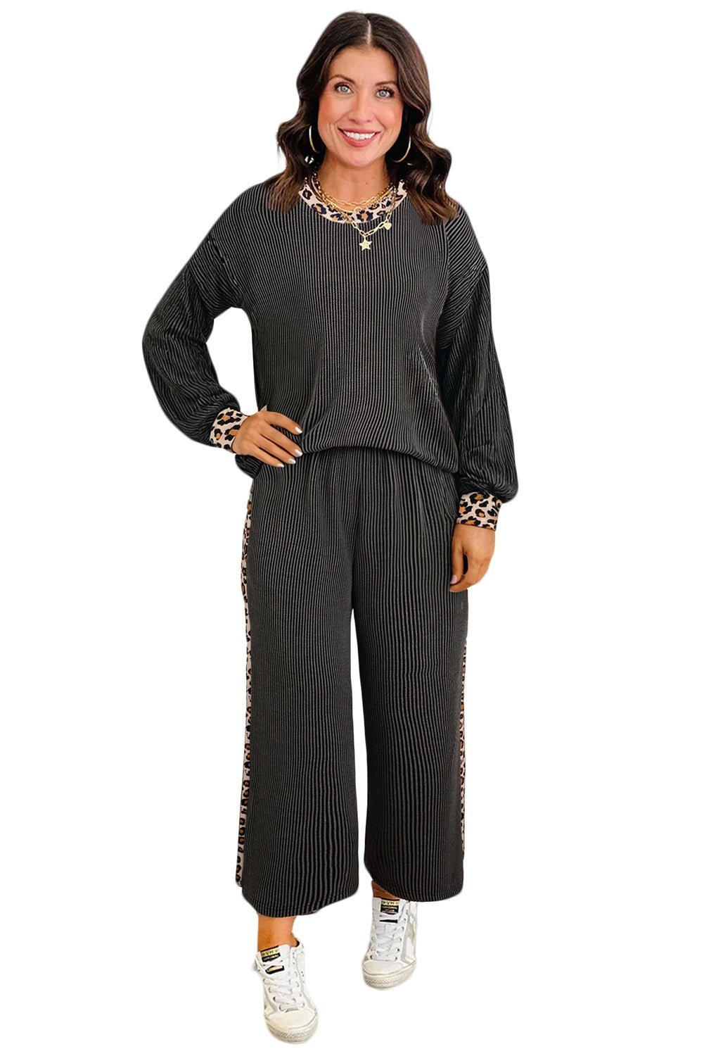 Carbon Grey Twisted Rib Leopard Patchwork Detail 2pcs Pants Set - MAD RUFFI