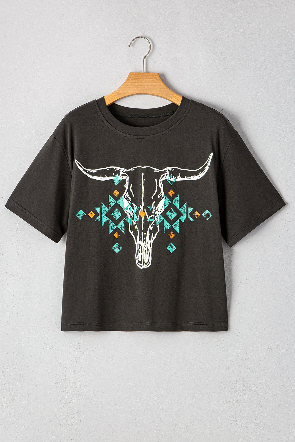 Carbon Grey Vintage Bull Head Skull Turquoise Geometric Graphic T Shirt - MAD RUFFI