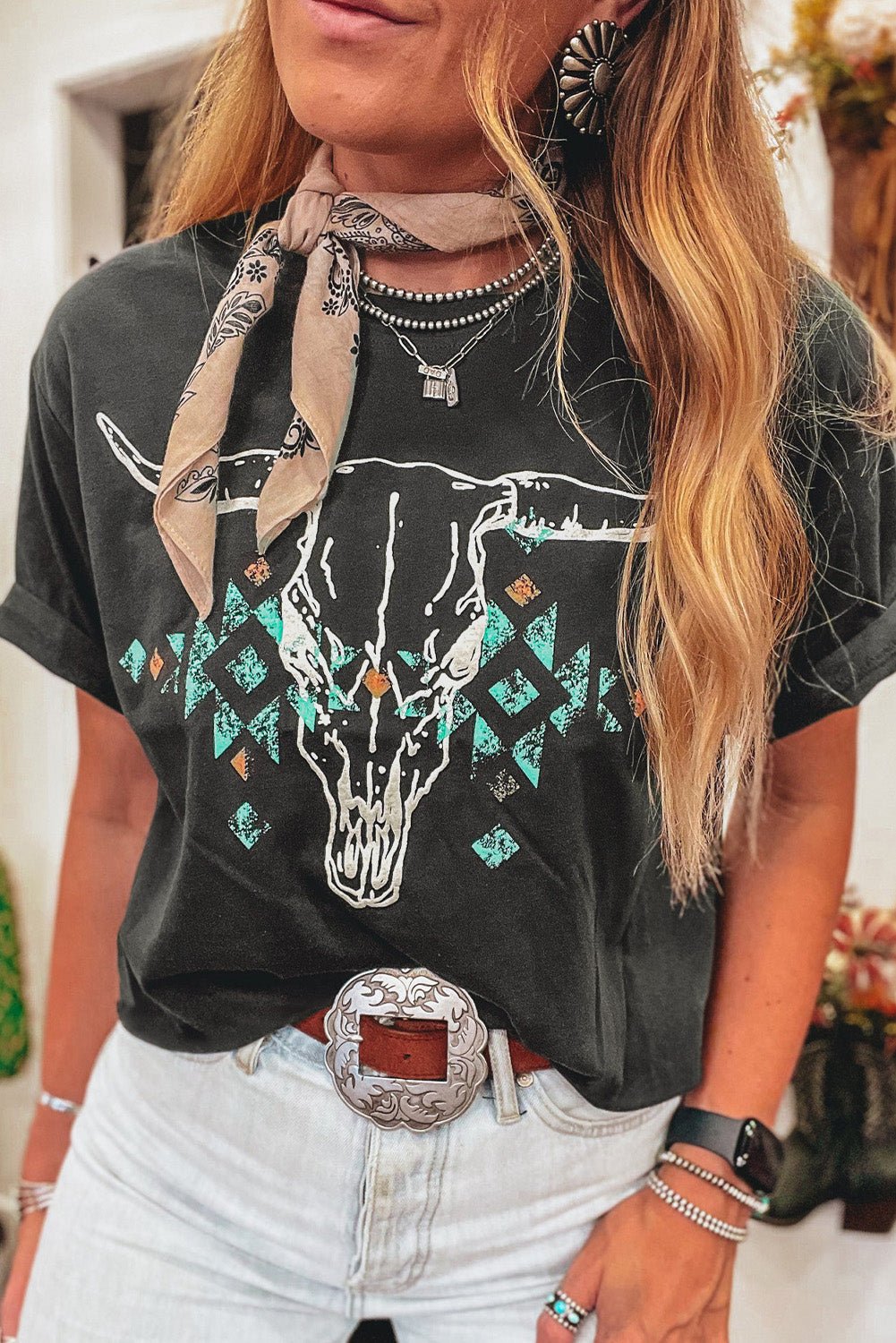 Carbon Grey Vintage Bull Head Skull Turquoise Geometric Graphic T Shirt - MAD RUFFI