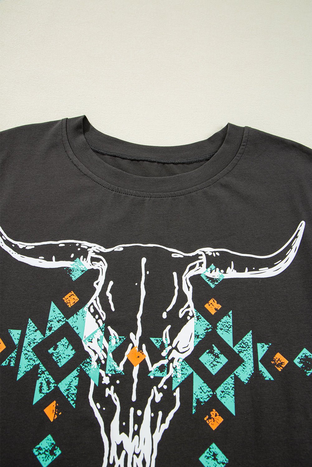 Carbon Grey Vintage Bull Head Skull Turquoise Geometric Graphic T Shirt - MAD RUFFI