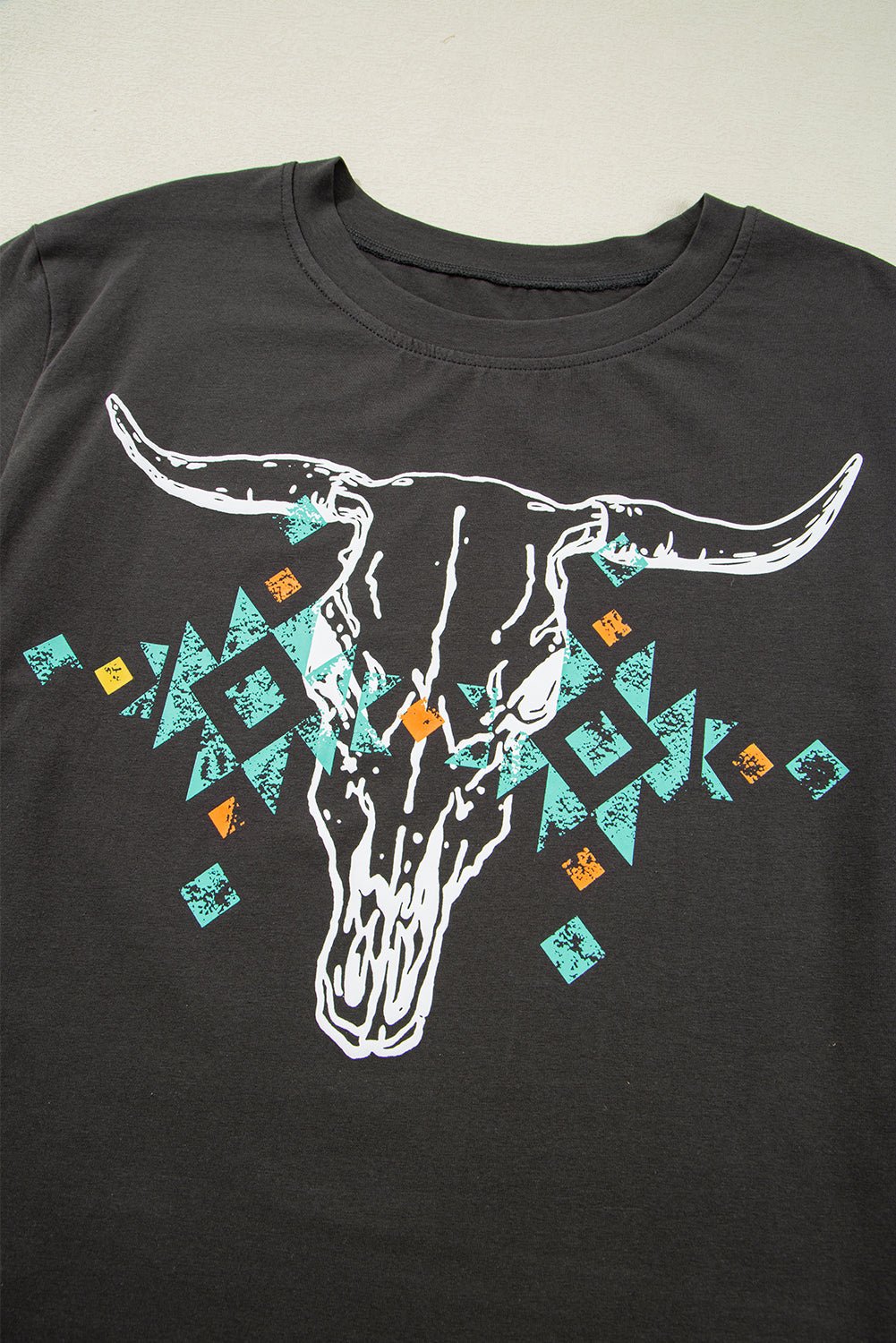 Carbon Grey Vintage Bull Head Skull Turquoise Geometric Graphic T Shirt - MAD RUFFI