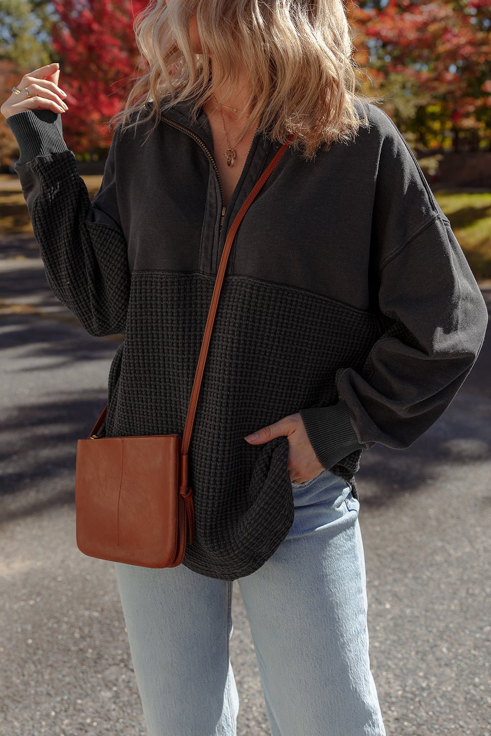 Carbon Grey Waffle Knit Patchwork Half Zipped Casual Sweatshirt - MAD RUFFI