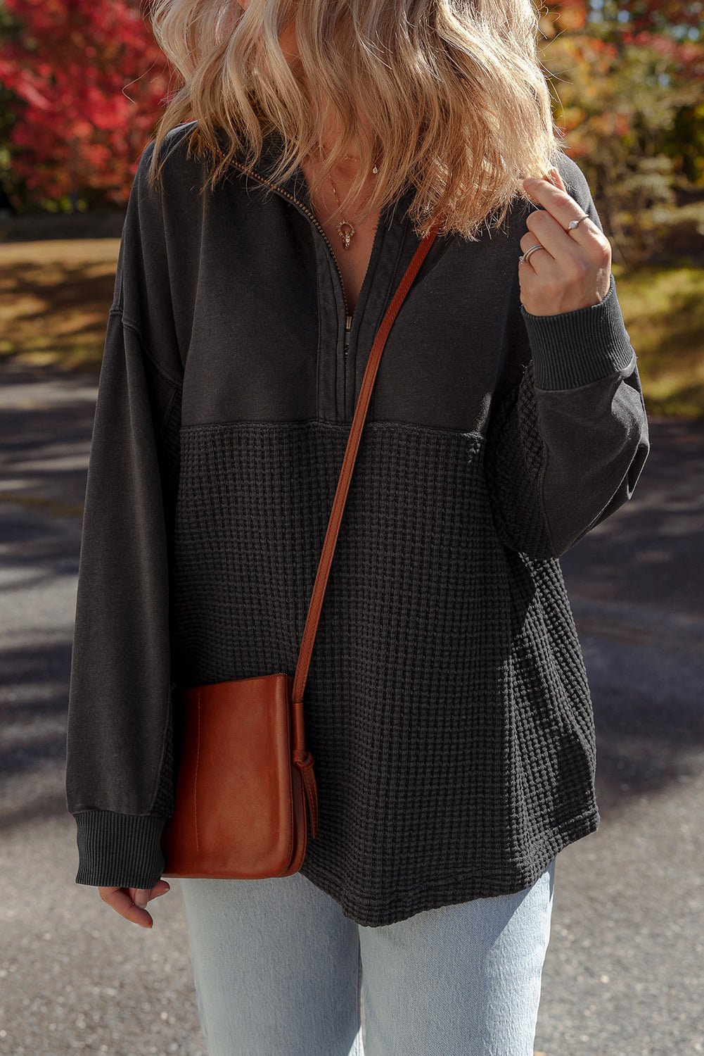 Carbon Grey Waffle Knit Patchwork Half Zipped Casual Sweatshirt - MAD RUFFI