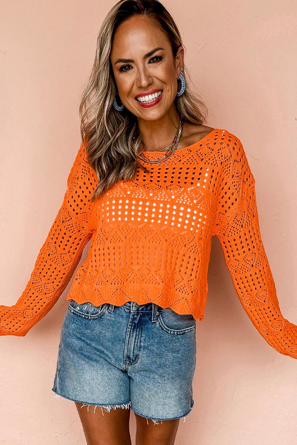 Carrot Solid Color Crochet Scallop Edge Sweater - MAD RUFFI