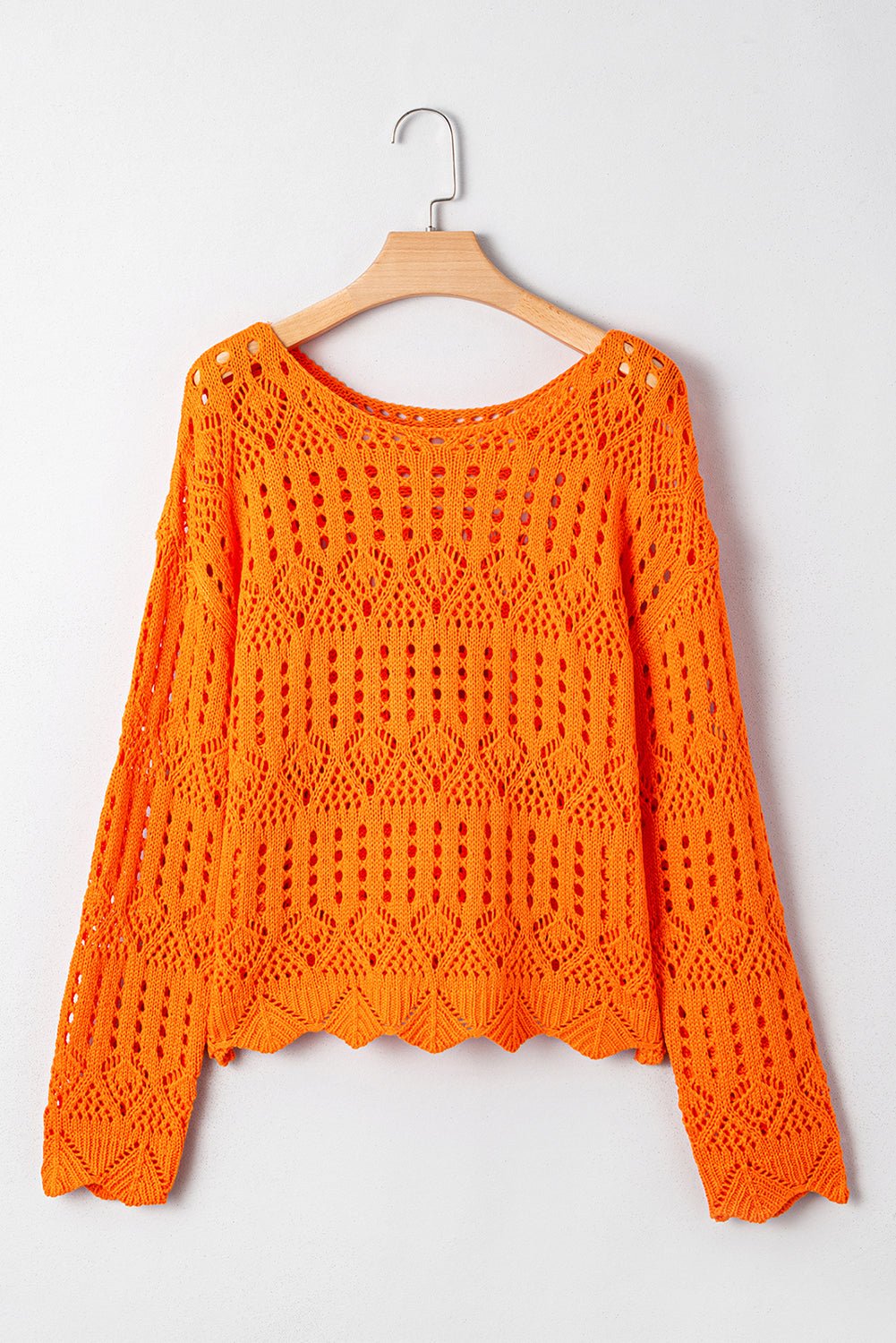 Carrot Solid Color Crochet Scallop Edge Sweater - MAD RUFFI