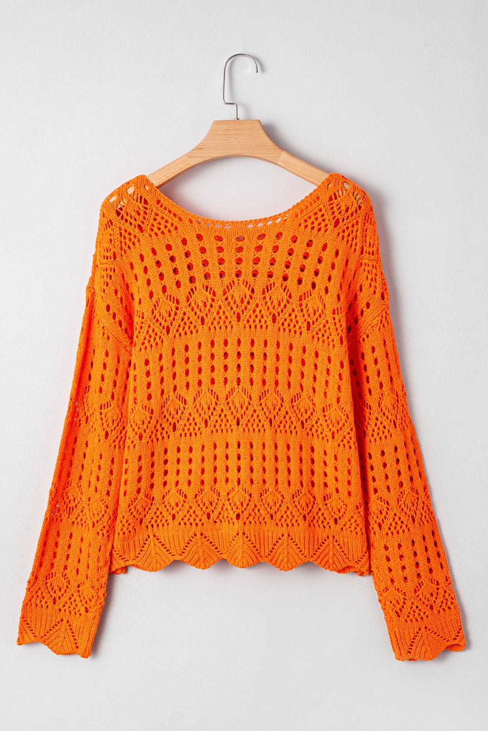 Carrot Solid Color Crochet Scallop Edge Sweater - MAD RUFFI