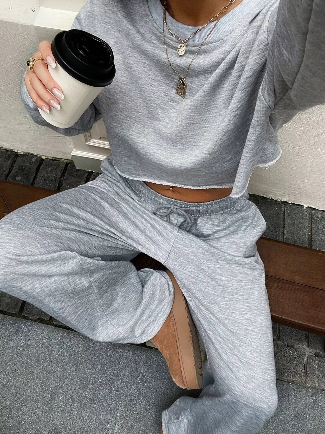 Casual Cropped Sweatshirt and Wide Leg Pants Set - MAD RUFFI