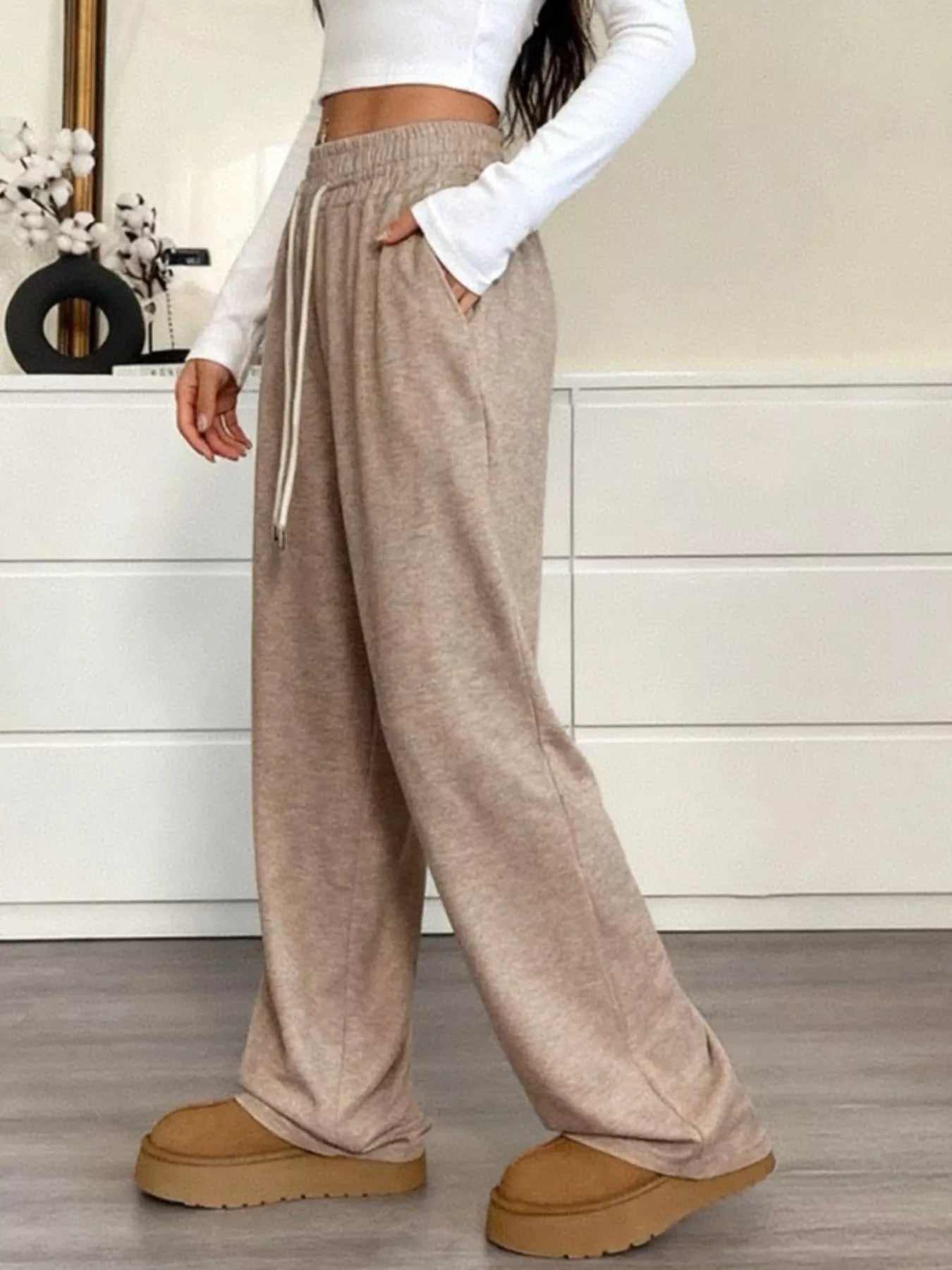Casual Drawstring Waist Wide Leg Pants - MAD RUFFI
