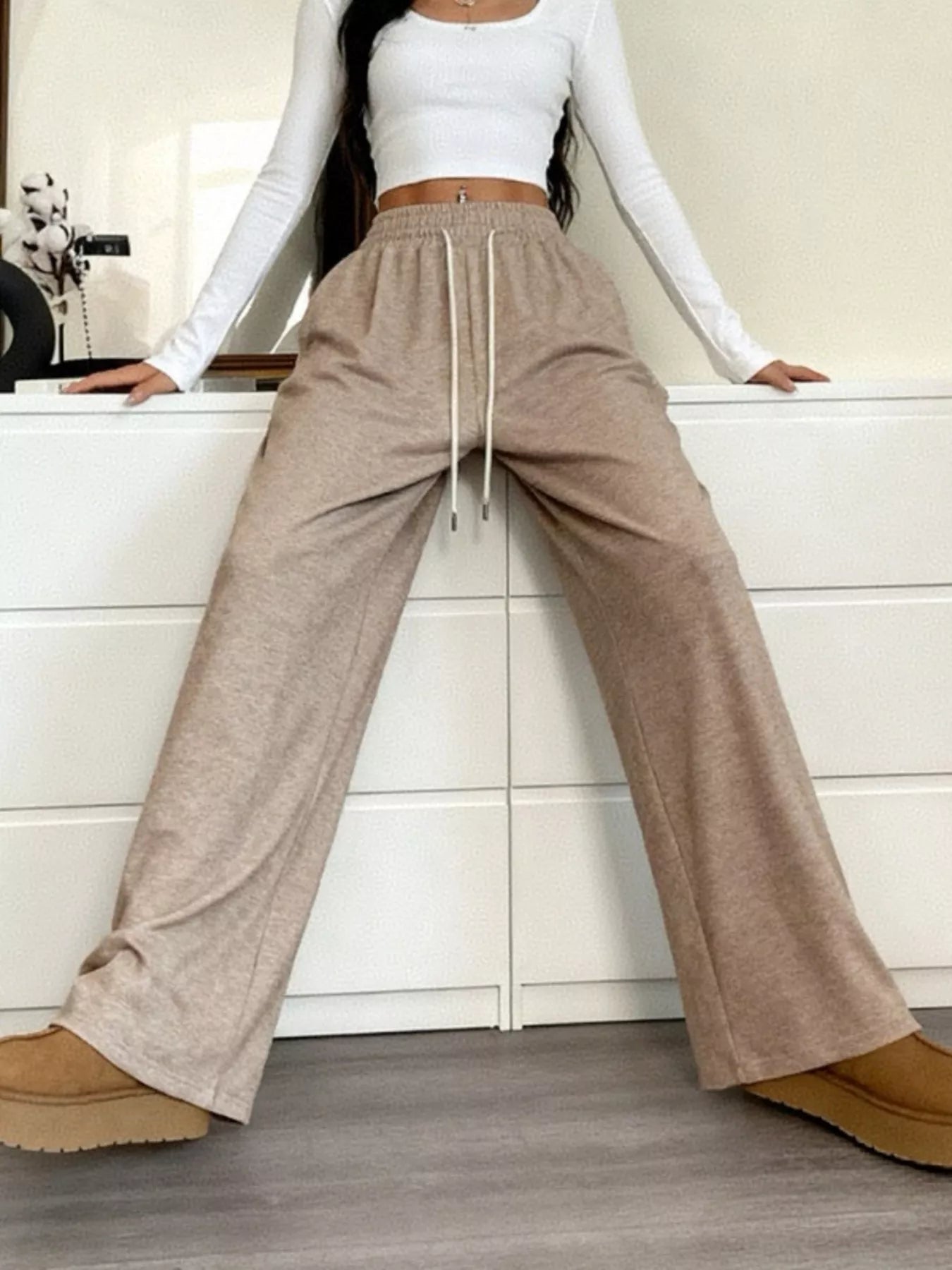 Casual Drawstring Waist Wide Leg Pants - MAD RUFFI