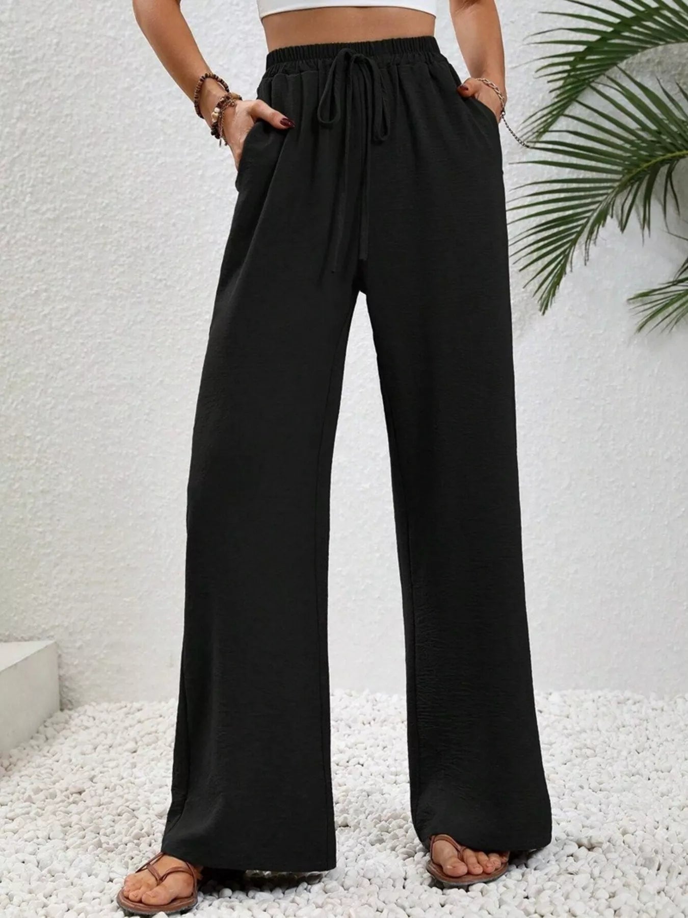 Casual Drawstring Wide Leg Pants - MAD RUFFI