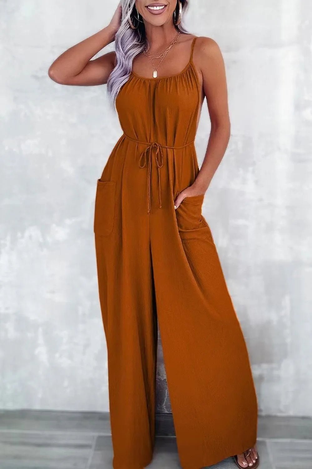 Casual Spaghetti Strap Wide Leg Jumpsuit with Pockets - MAD RUFFI