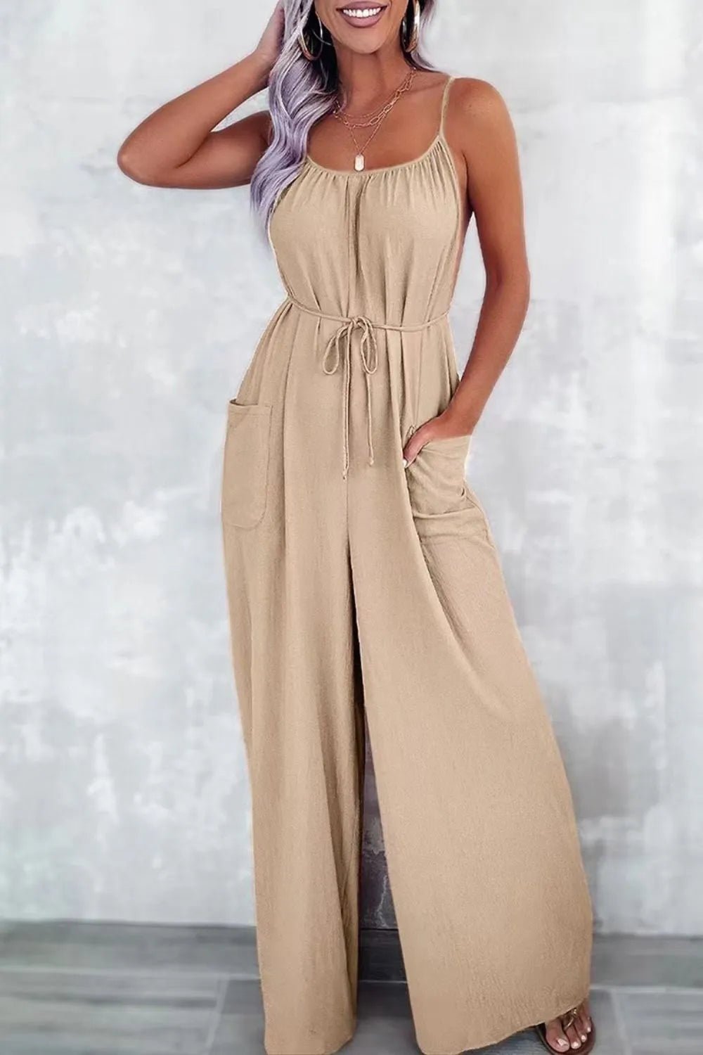 Casual Spaghetti Strap Wide Leg Jumpsuit with Pockets - MAD RUFFI