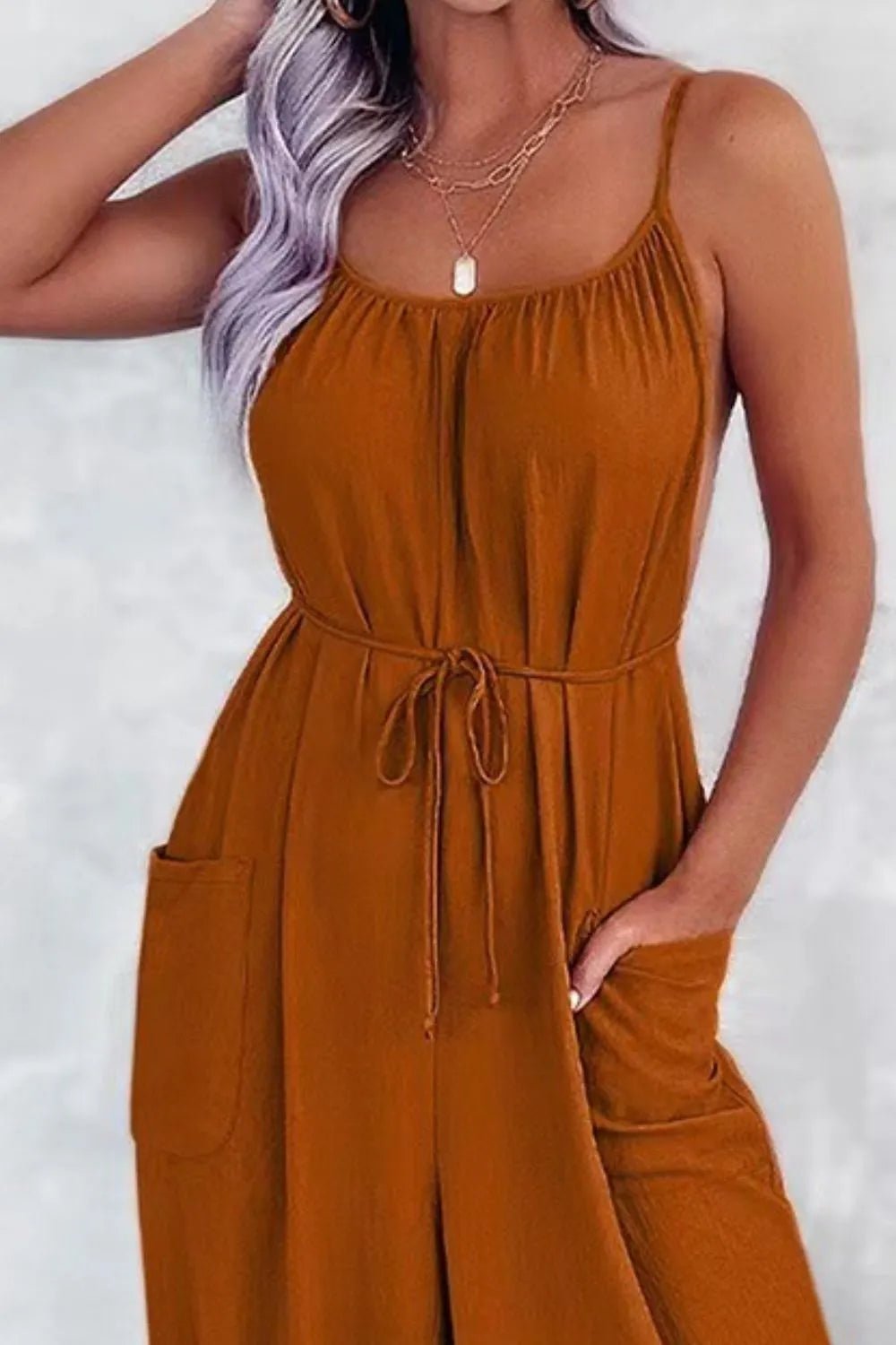 Casual Spaghetti Strap Wide Leg Jumpsuit with Pockets - MAD RUFFI