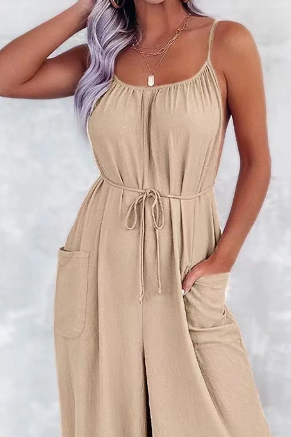 Casual Spaghetti Strap Wide Leg Jumpsuit with Pockets - MAD RUFFI
