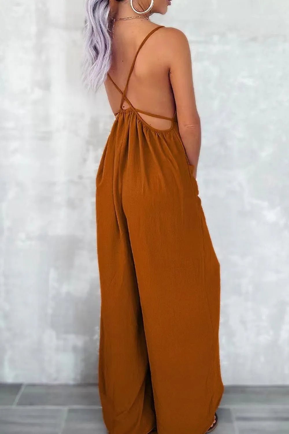 Casual Spaghetti Strap Wide Leg Jumpsuit with Pockets - MAD RUFFI