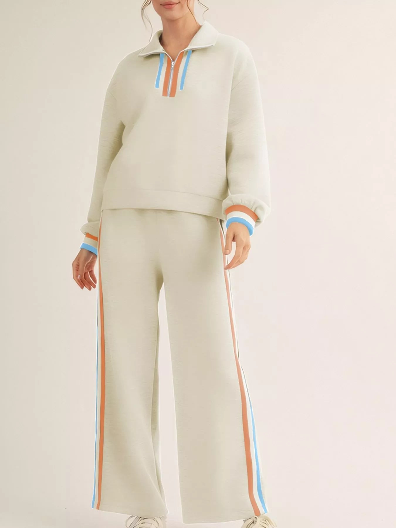Casual Striped Quarter Zip Top and Pants Set - MAD RUFFI