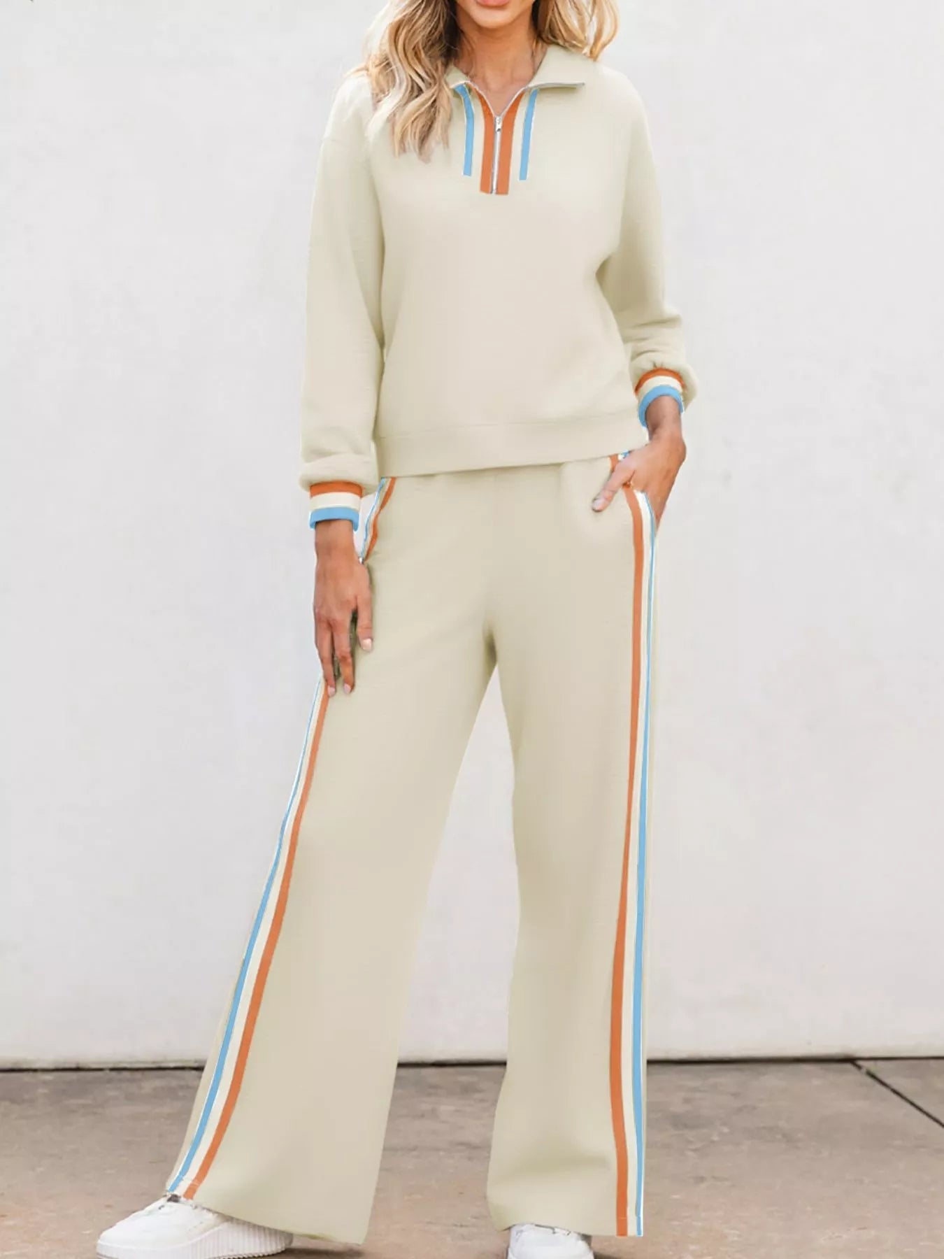 Casual Striped Quarter Zip Top and Pants Set - MAD RUFFI