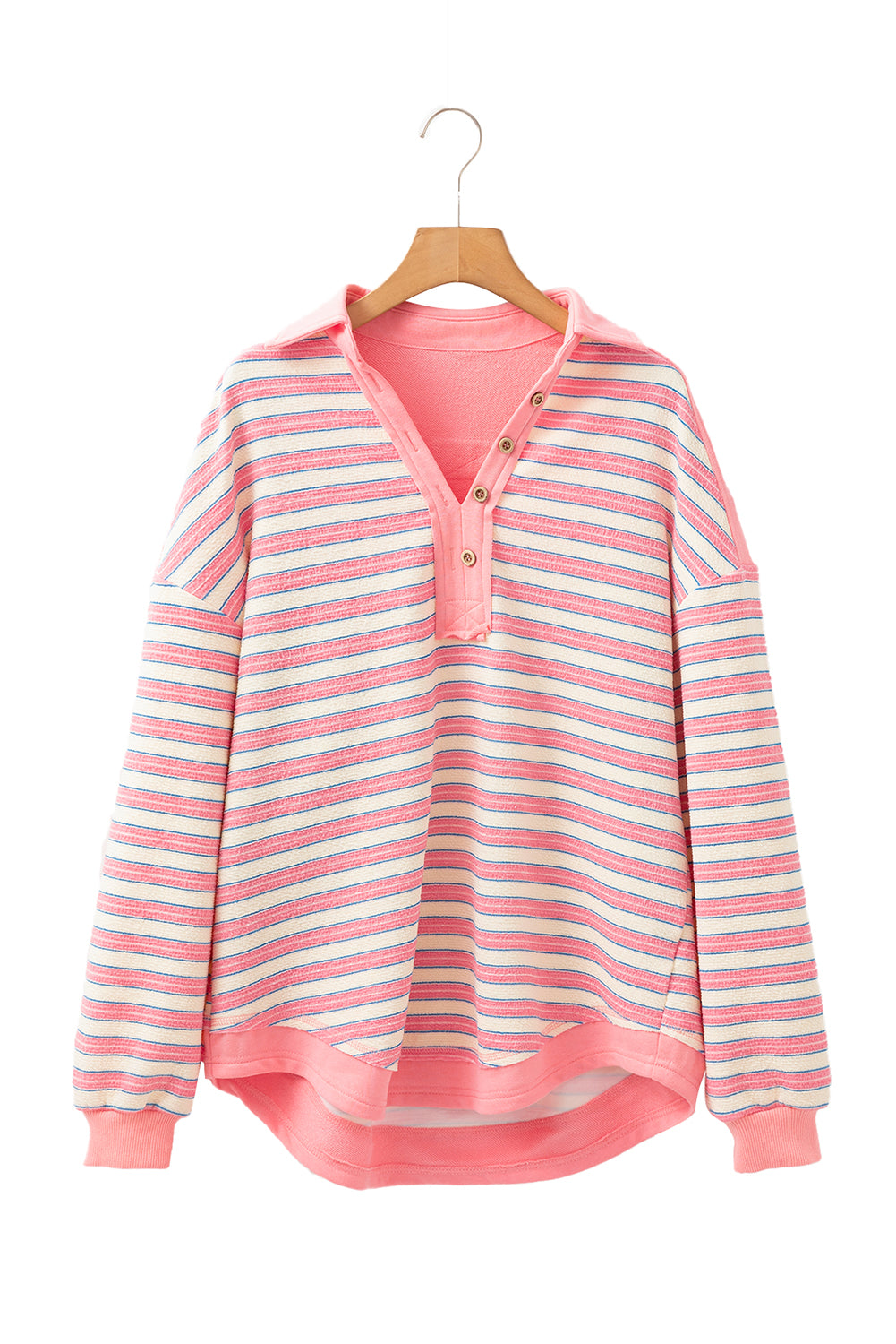 Pink Stripe Collared V Neck Drop Shoulder Top