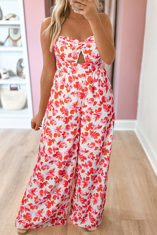 Pink Floral Print Twisted Bandeau Keyhole Pleated Wide Leg Jumpsuit