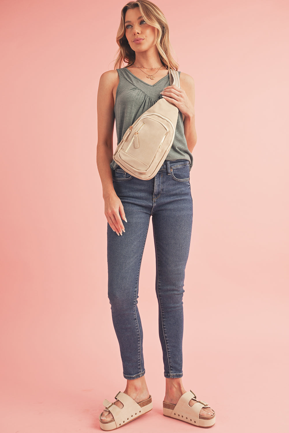 Sac cross-body zippé en cuir PU vintage beige