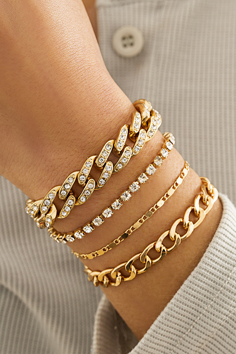 Gold 4pcs Rhinestone Decor Adjustable Chain Bracelet Set