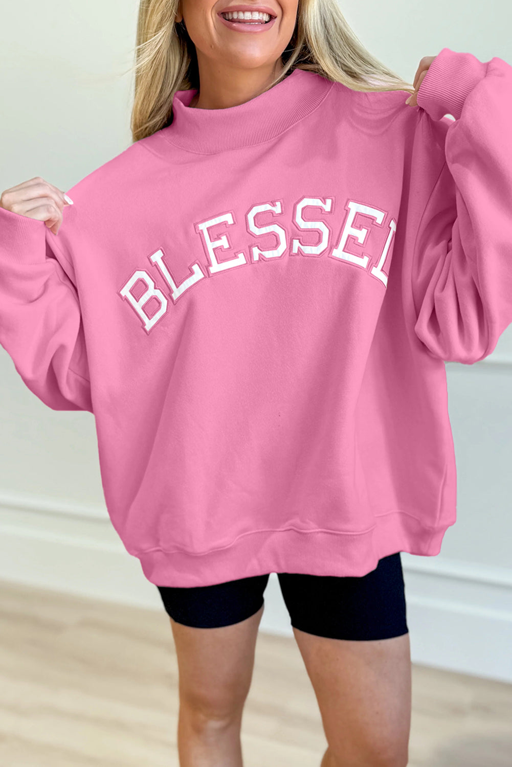Light Pink Oversize Blessed Embroidered Mock Neck Sweatshirt
