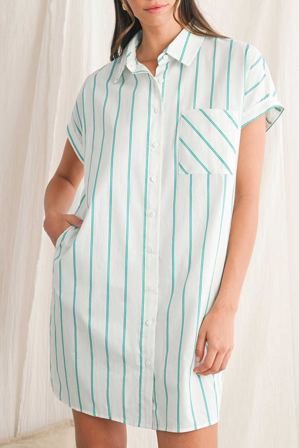 Mint Green Striped Pocket Short Sleeve Mini Dress