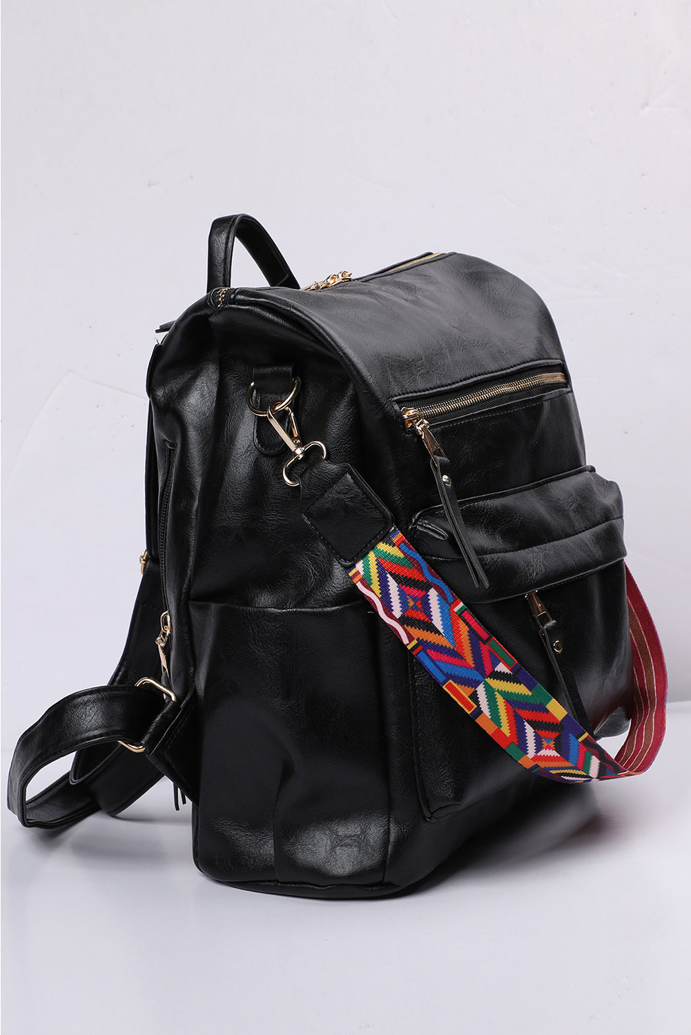 Geometric Crochet Strap Black PU Leather Backpack for Everyday Use