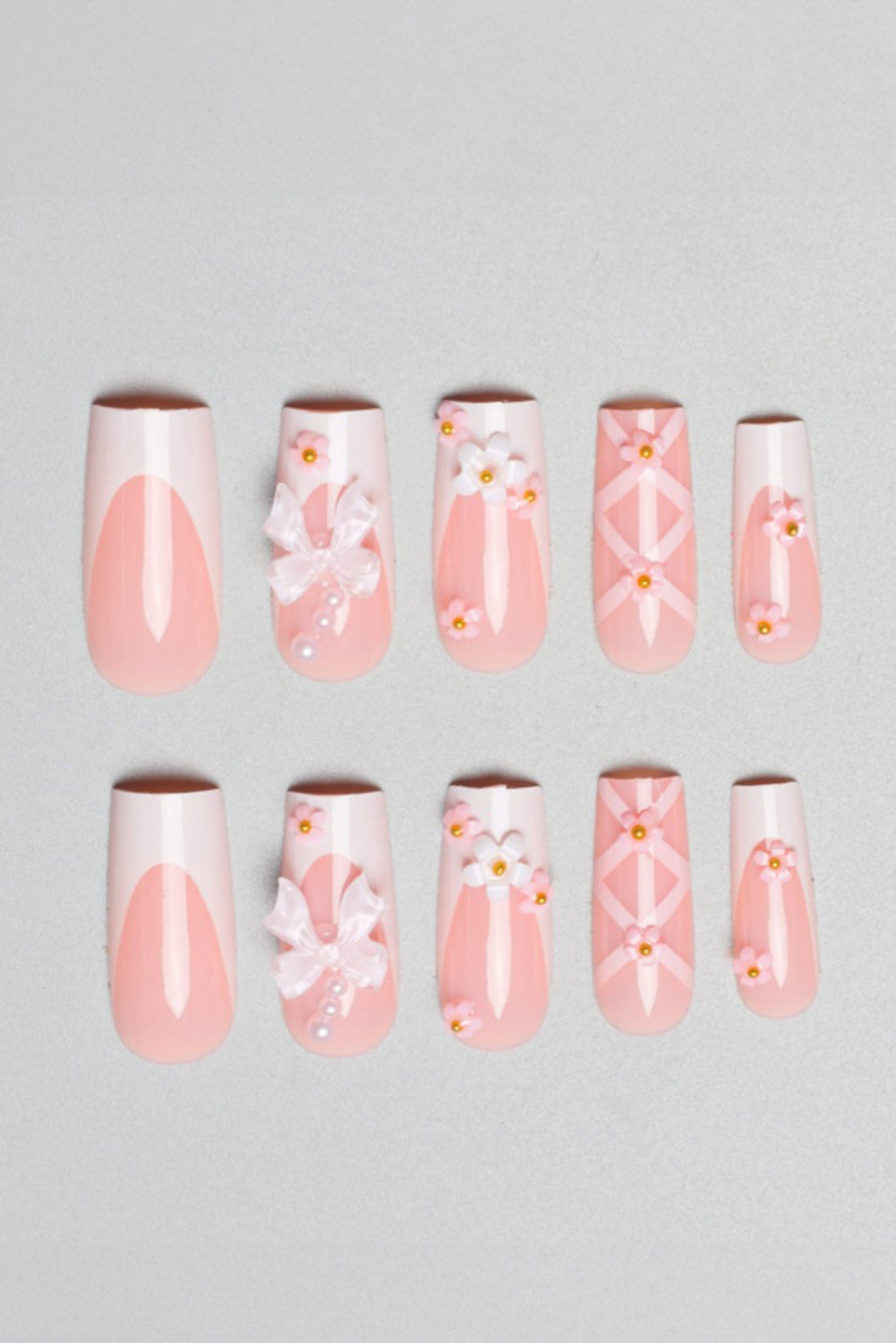 Pink 3D Bow and Flower Long Nail Stickers for Elegant Nails