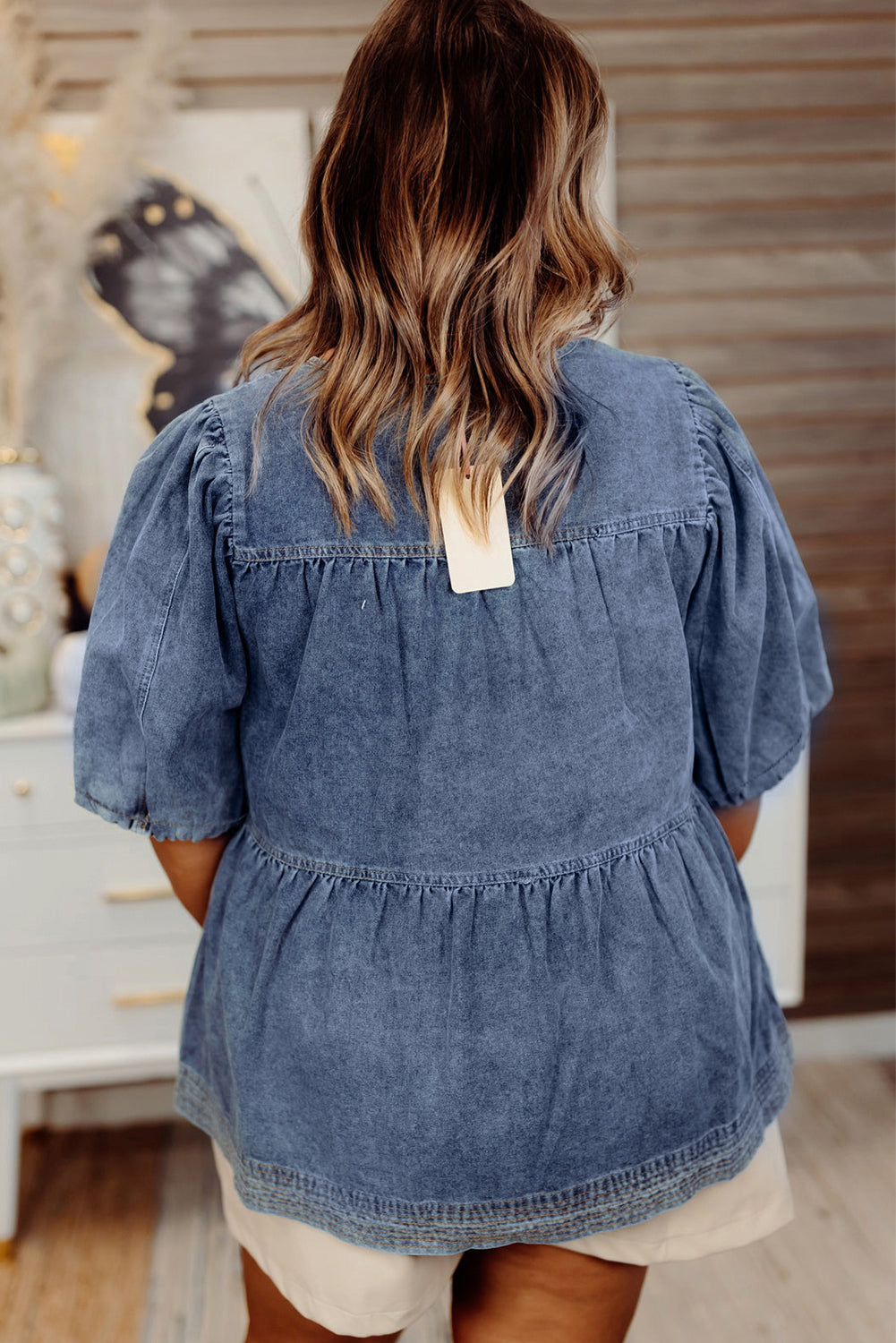 Sail Blue Plus Size Jeansbluse mit V-Ausschnitt und Puffärmeln und Bindeband