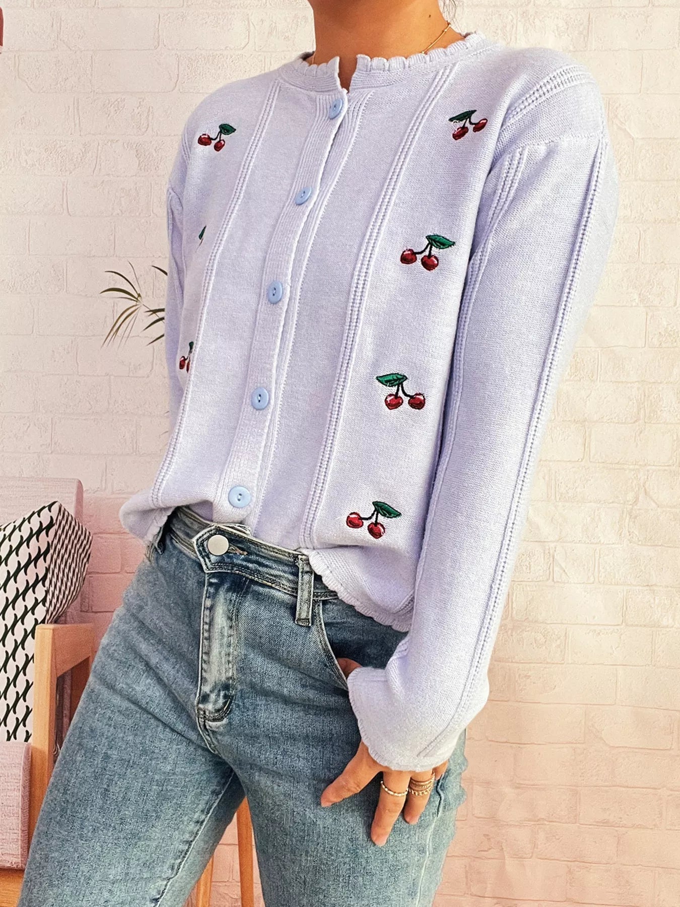 Cherry Embroidered Button Up Cardigan - MAD RUFFI