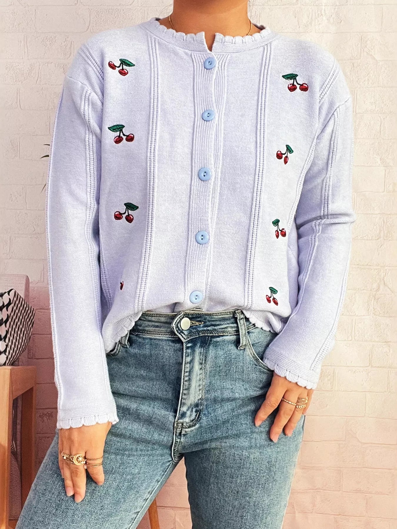 Cherry Embroidered Button Up Cardigan - MAD RUFFI