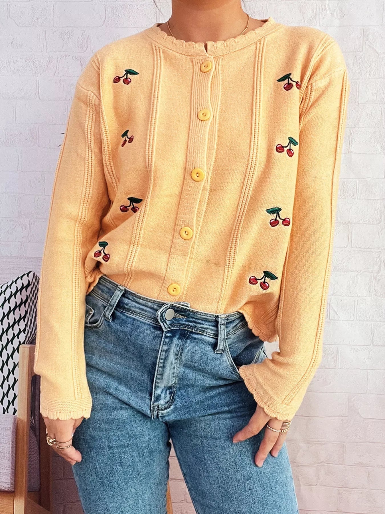 Cherry Embroidered Button Up Cardigan - MAD RUFFI