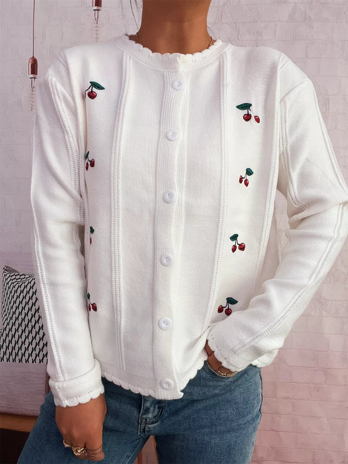 Cherry Embroidered Button Up Cardigan - MAD RUFFI