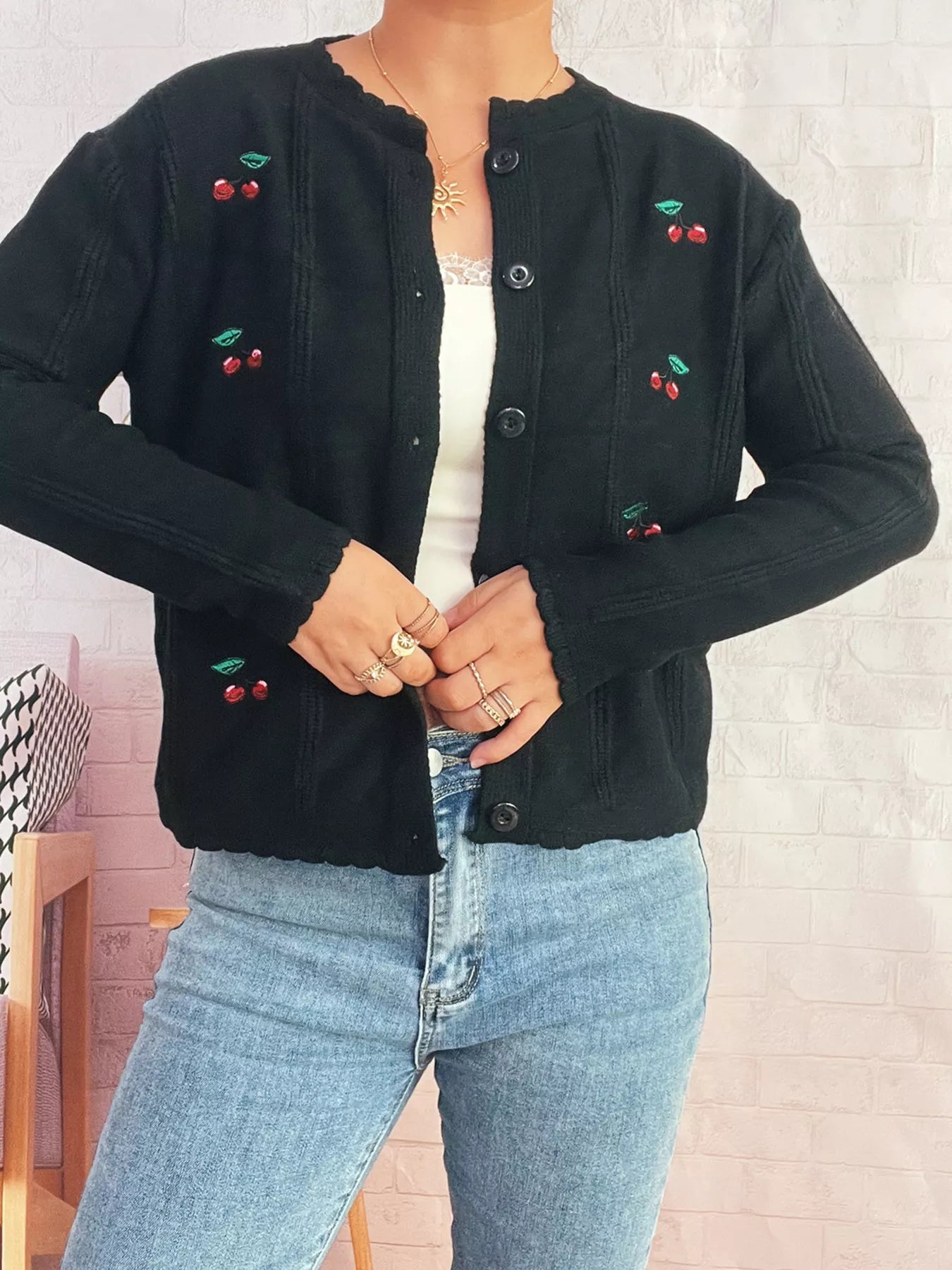 Cherry Embroidered Button Up Cardigan - MAD RUFFI