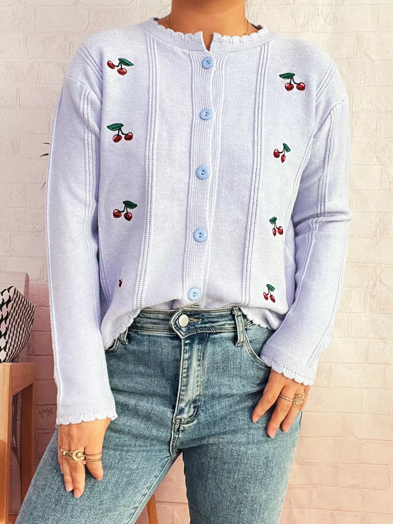Cherry Embroidered Button Up Cardigan - MAD RUFFI