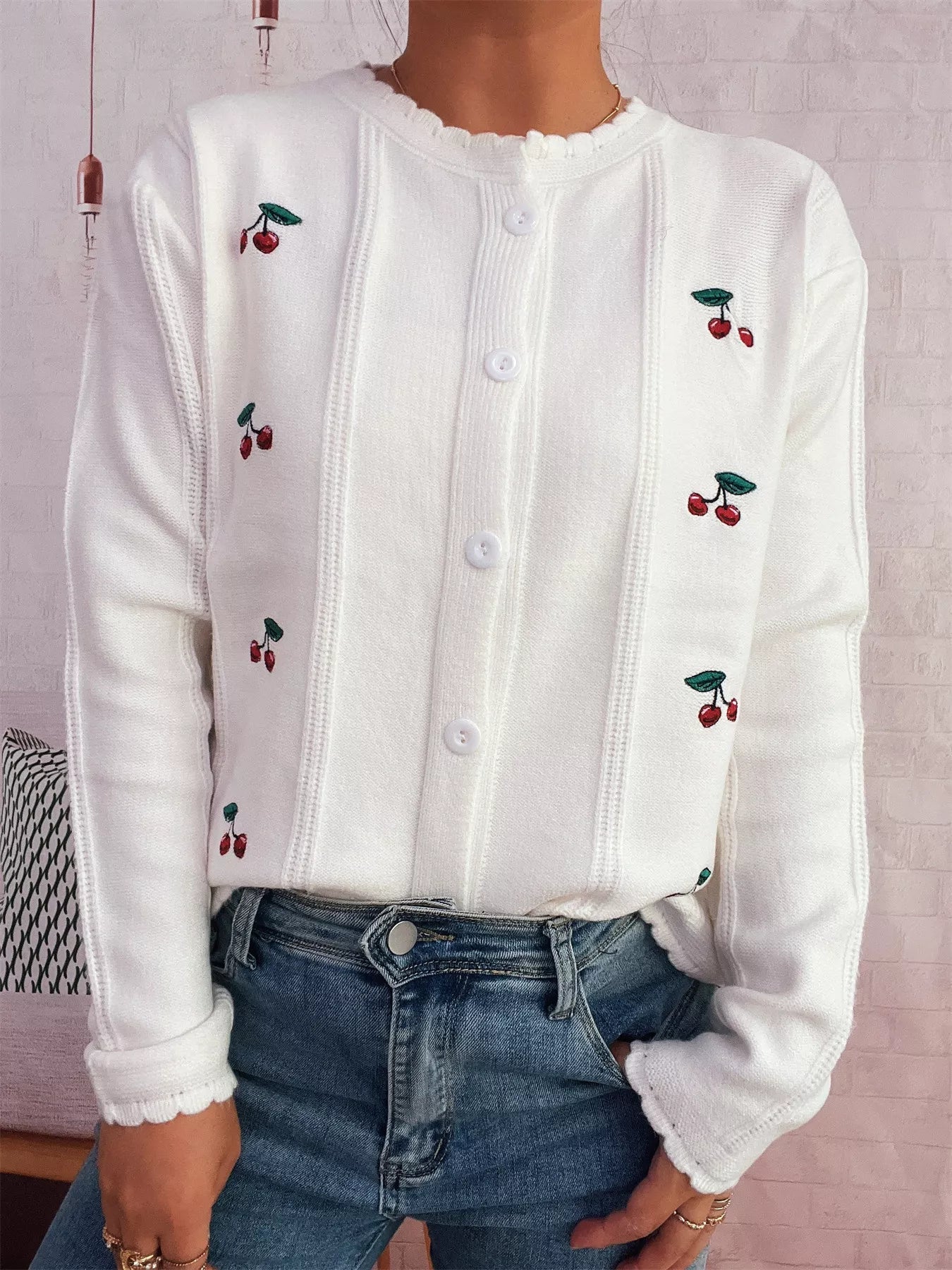Cherry Embroidered Button Up Cardigan - MAD RUFFI