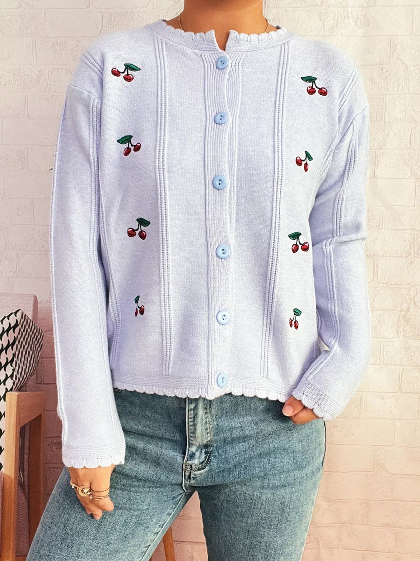 Cherry Embroidered Button Up Cardigan - MAD RUFFI