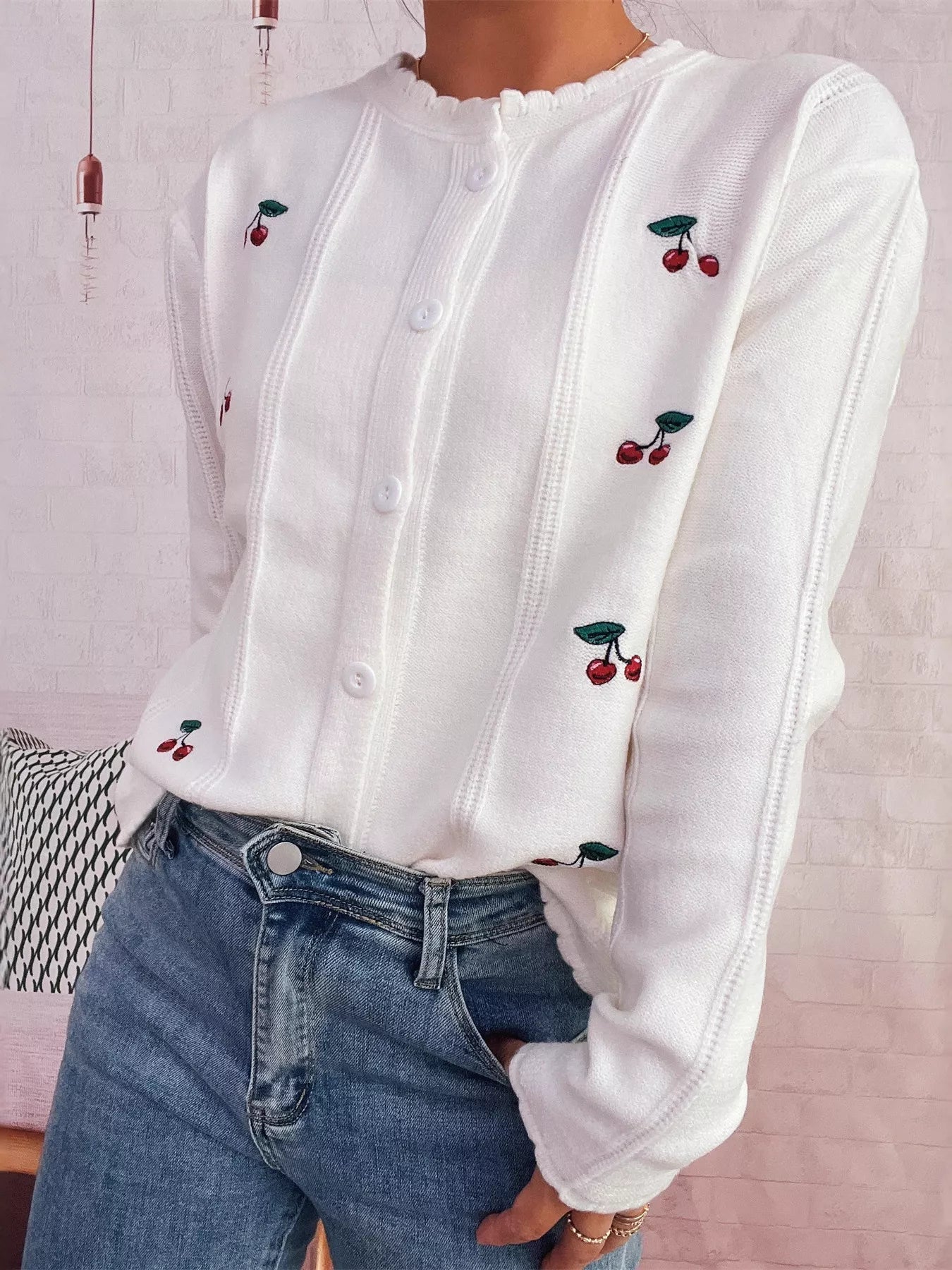 Cherry Embroidered Button Up Cardigan - MAD RUFFI
