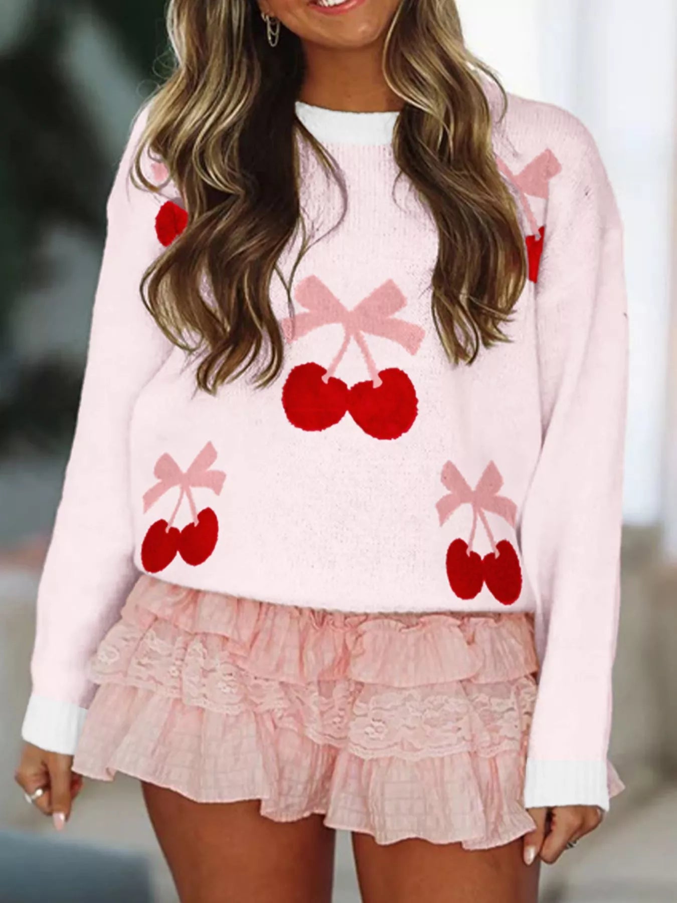 Cherry Pattern Drop Shoulder Sweater - MAD RUFFI