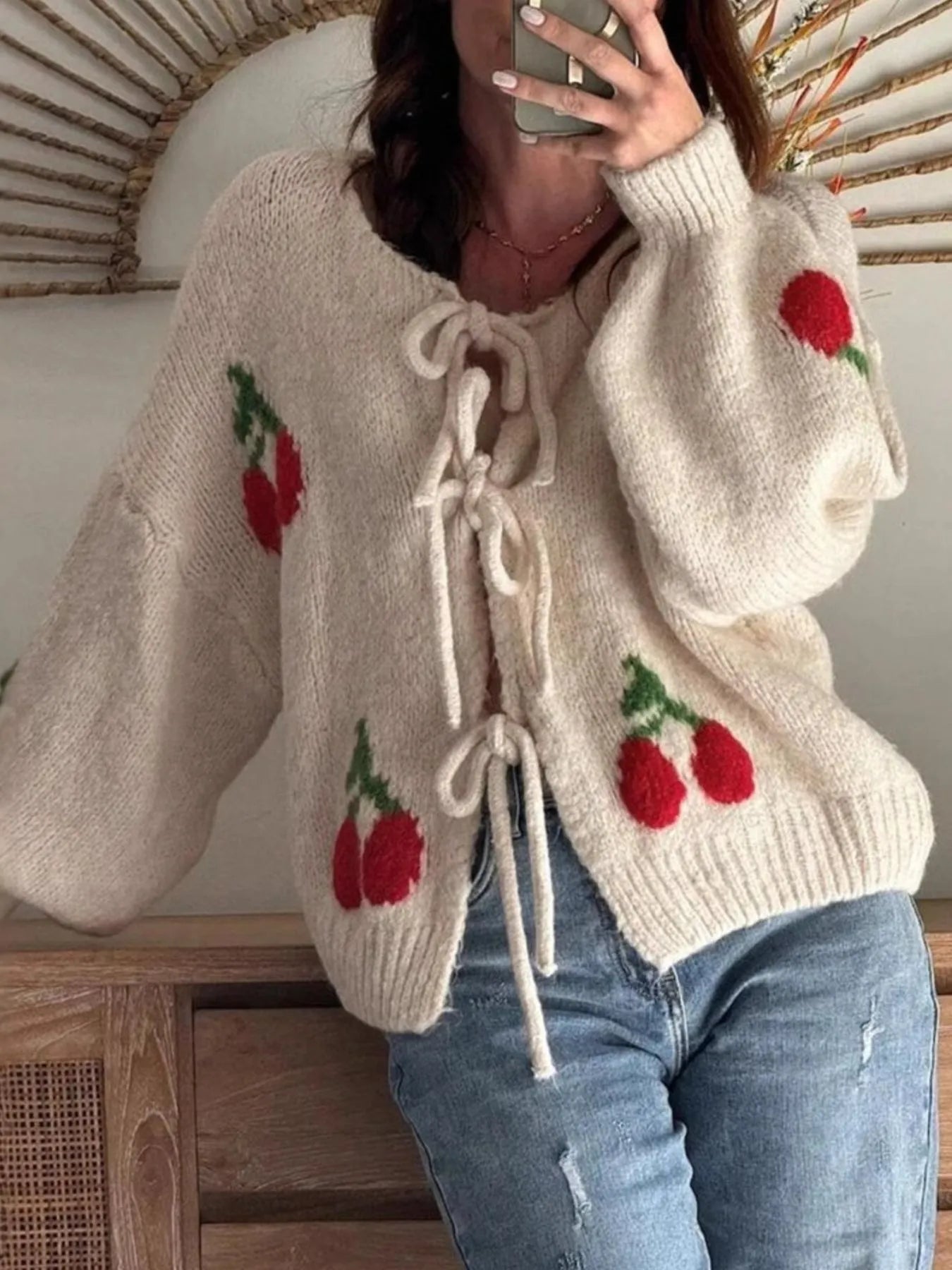 Cherry Pattern Tie - Front Oversized Cardigan - MAD RUFFI