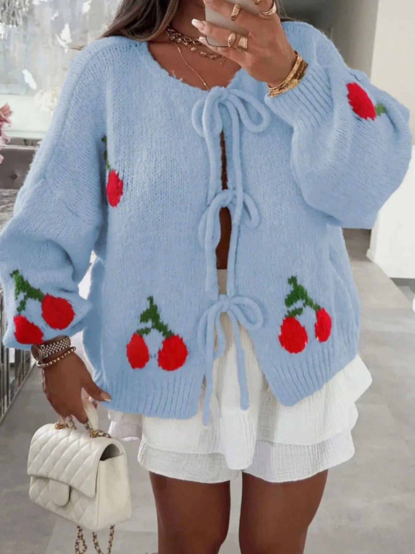 Cherry Pattern Tie - Front Oversized Cardigan - MAD RUFFI