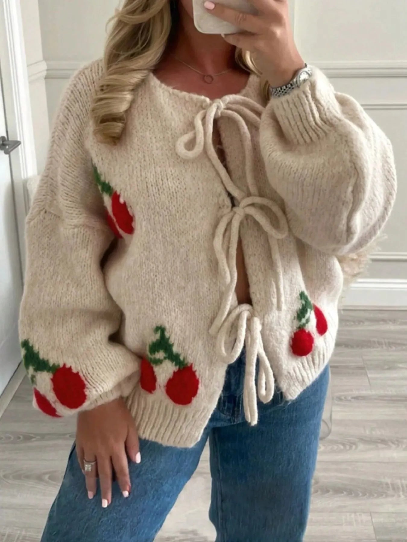 Cherry Pattern Tie - Front Oversized Cardigan - MAD RUFFI