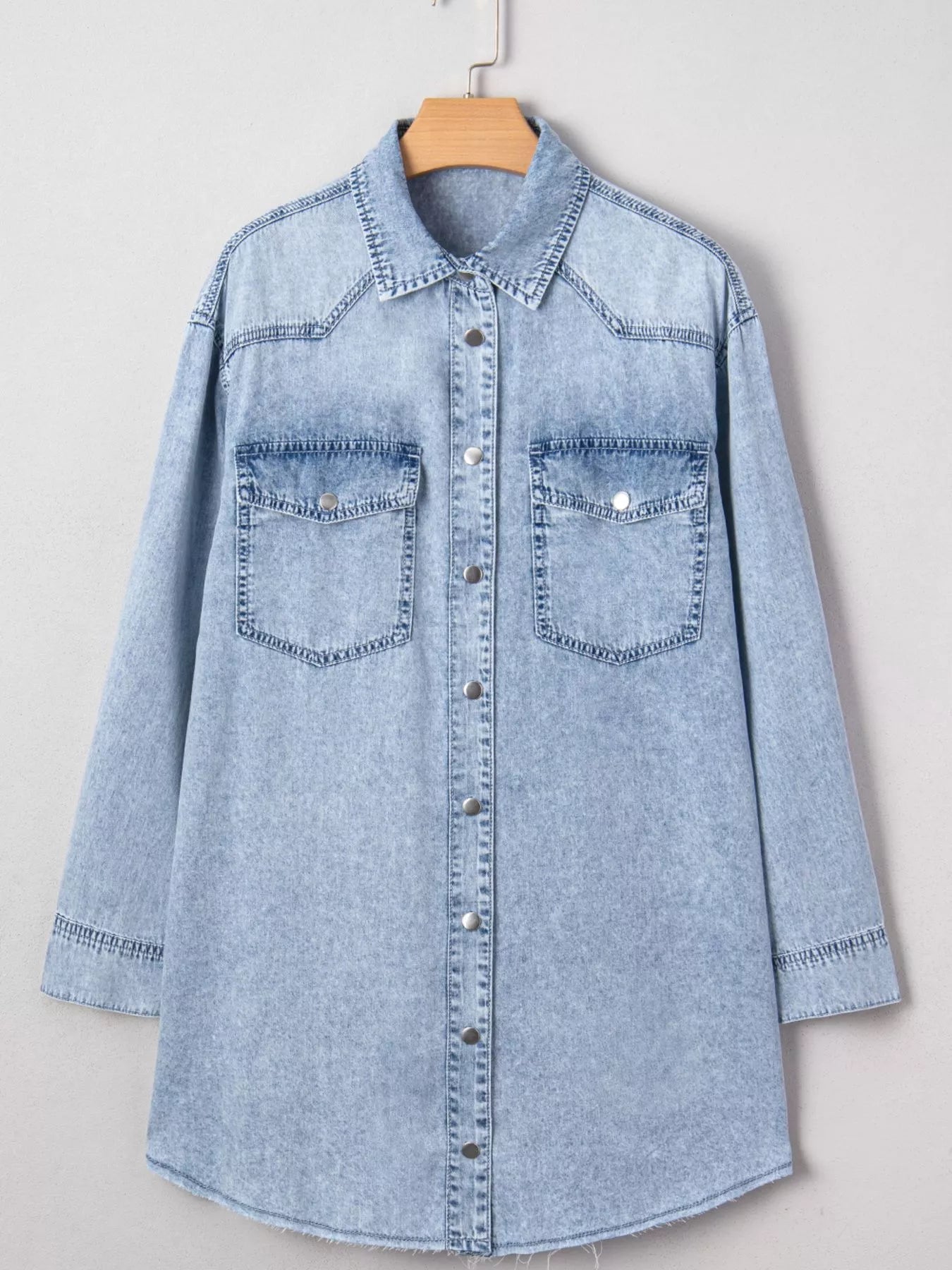 Chest Pocket Raw Hem Denim Loose Shirt Dress - MAD RUFFI