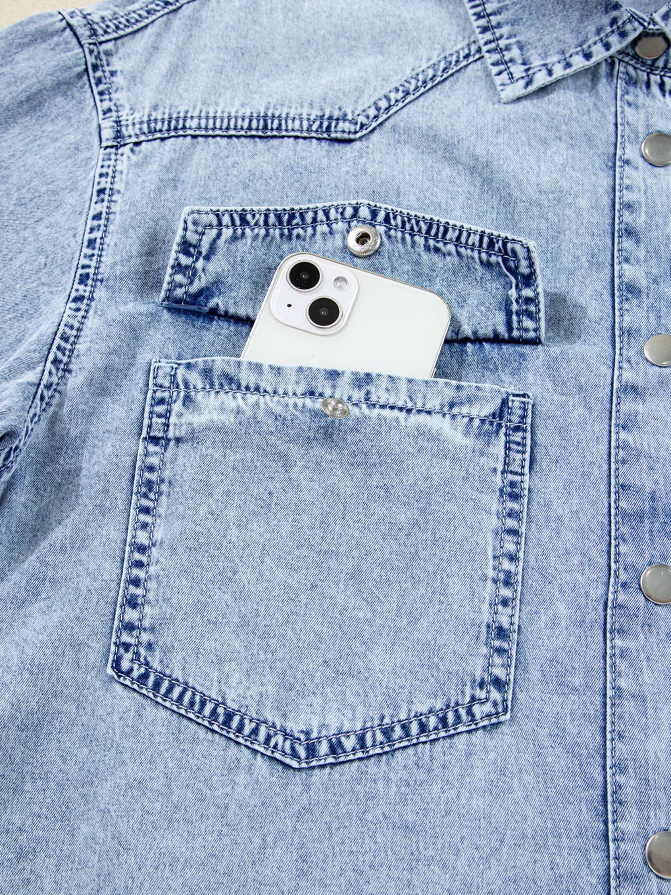 Chest Pocket Raw Hem Denim Loose Shirt Dress - MAD RUFFI