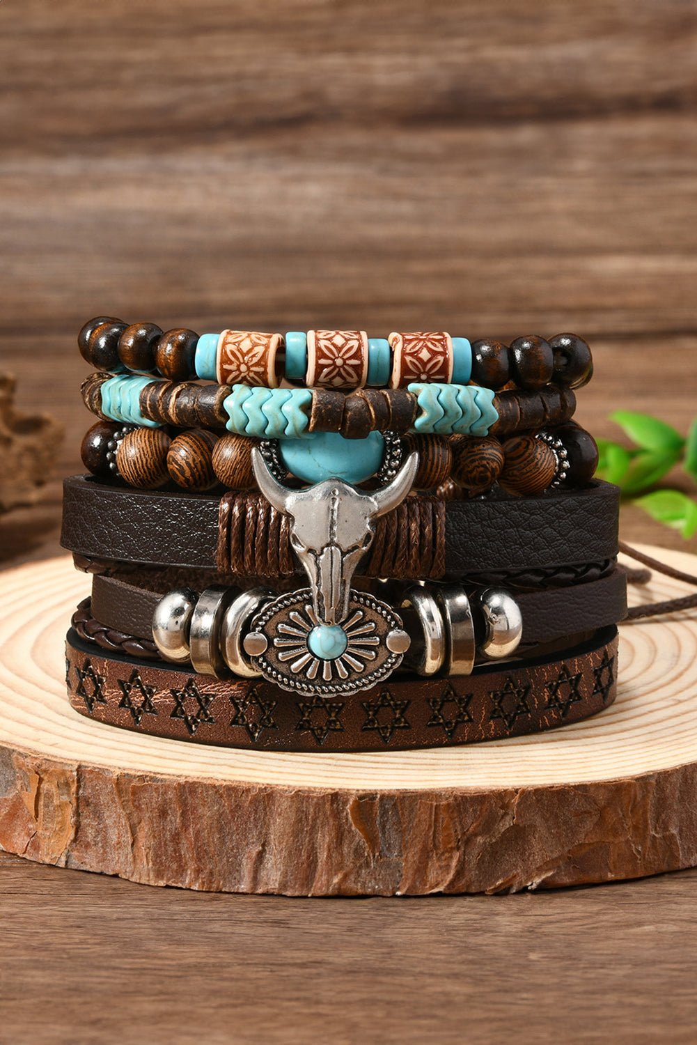 Chestnut Bull Skull Turquoise Beaded Bracelet Set - MAD RUFFI