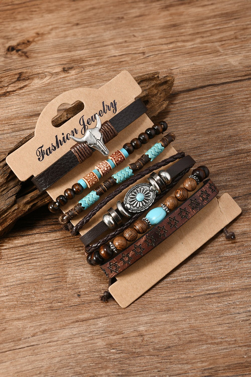 Chestnut Bull Skull Turquoise Beaded Bracelet Set - MAD RUFFI