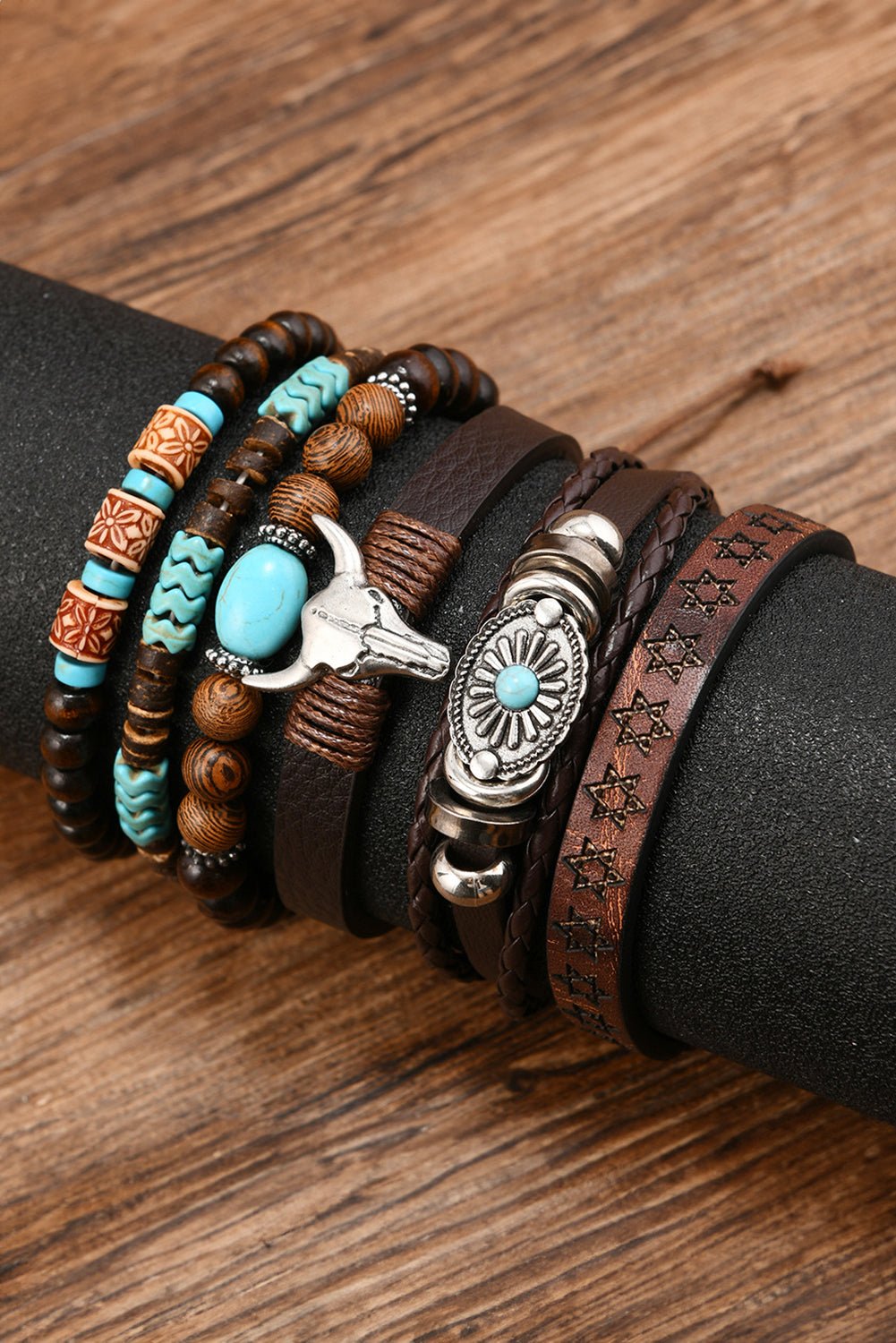 Chestnut Bull Skull Turquoise Beaded Bracelet Set - MAD RUFFI