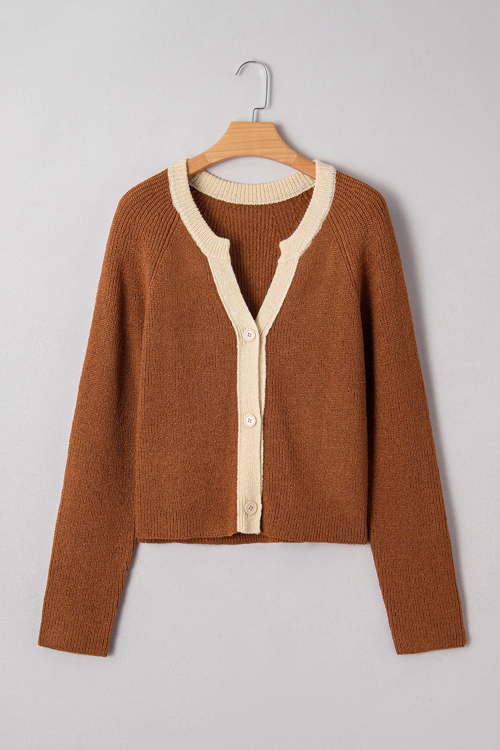 Chestnut Contrast Color V Neckline Knit Cardigan - MAD RUFFI