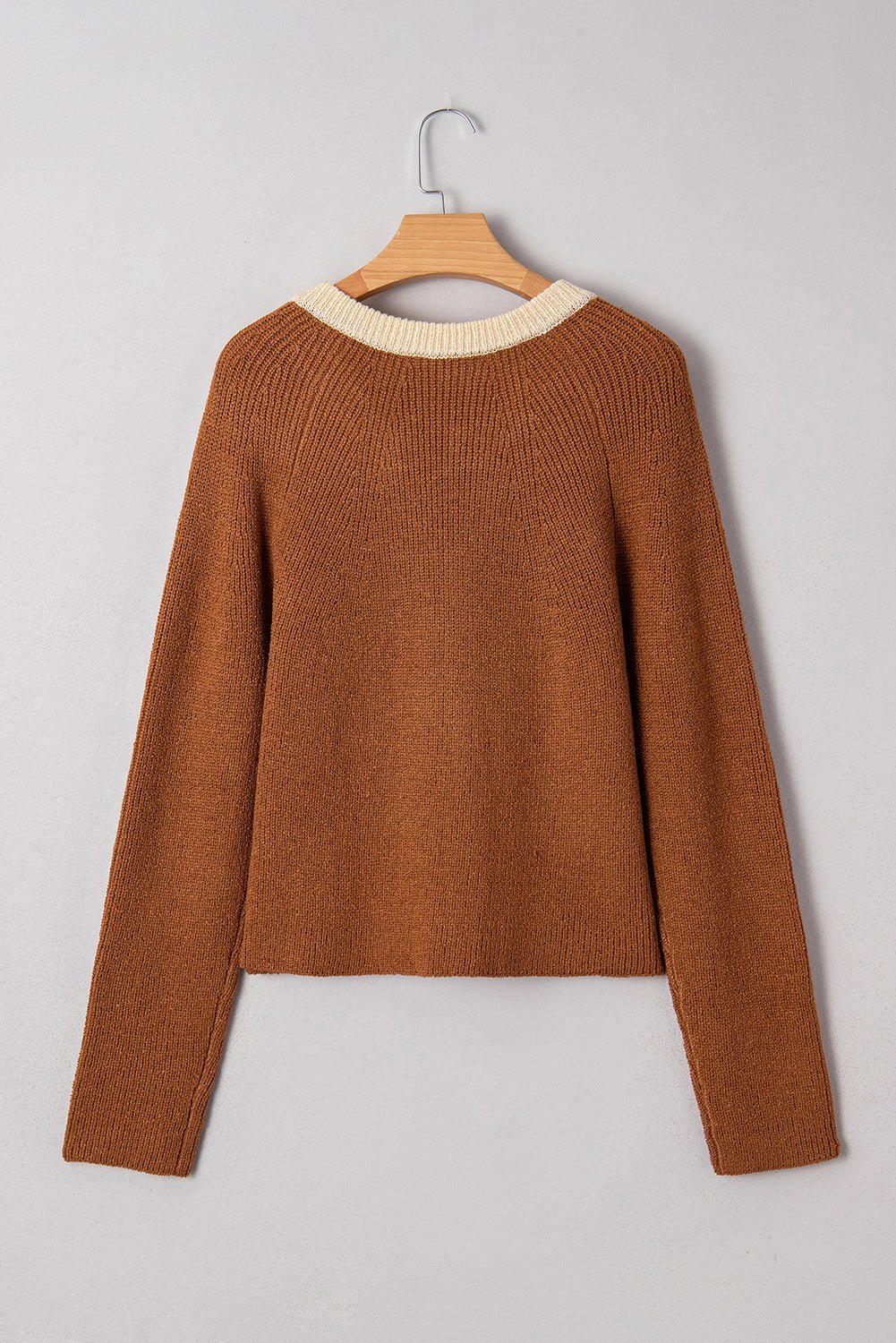 Chestnut Contrast Color V Neckline Knit Cardigan - MAD RUFFI